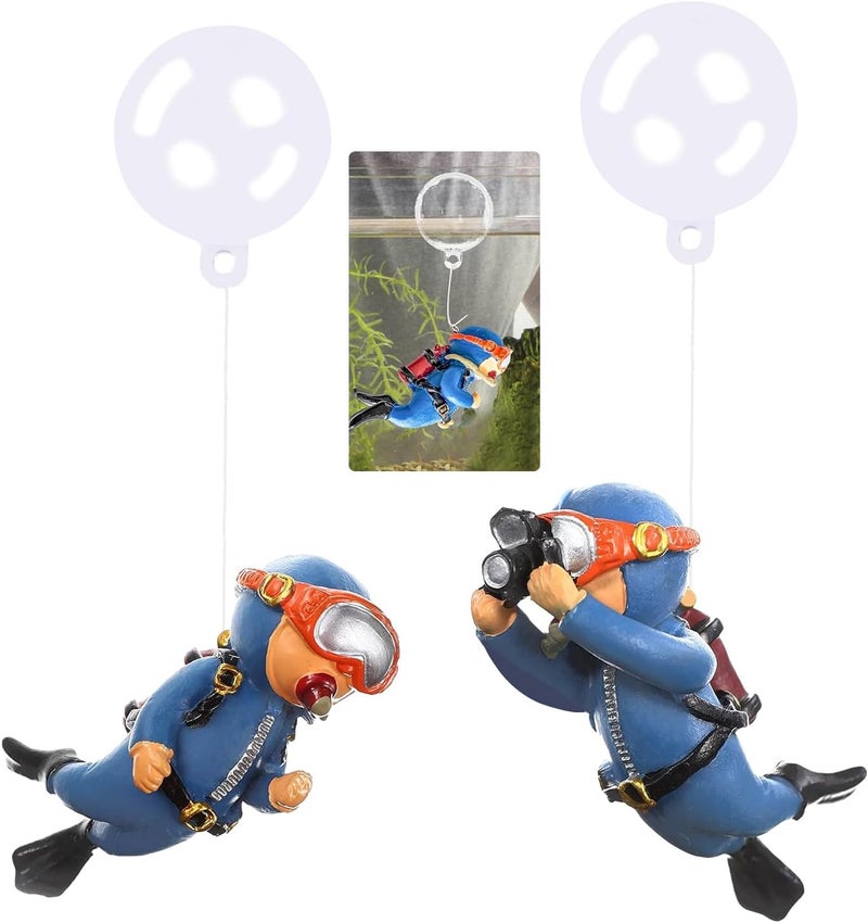 Wonfly 2-Pack Tank Decorations, Cute Little Diver, Aquarium Decoration Accessories Ornaments with Float Ball, Playmate for Tank Suitable for All Kinds of Fish and Tanks (Blue) - Image 1